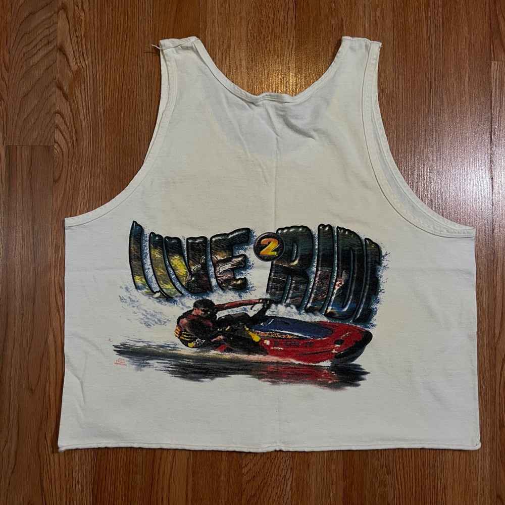Vintage 2000 Live 2 Ride Jet Ski Tank Top Overton Beach White Mens Large Crop